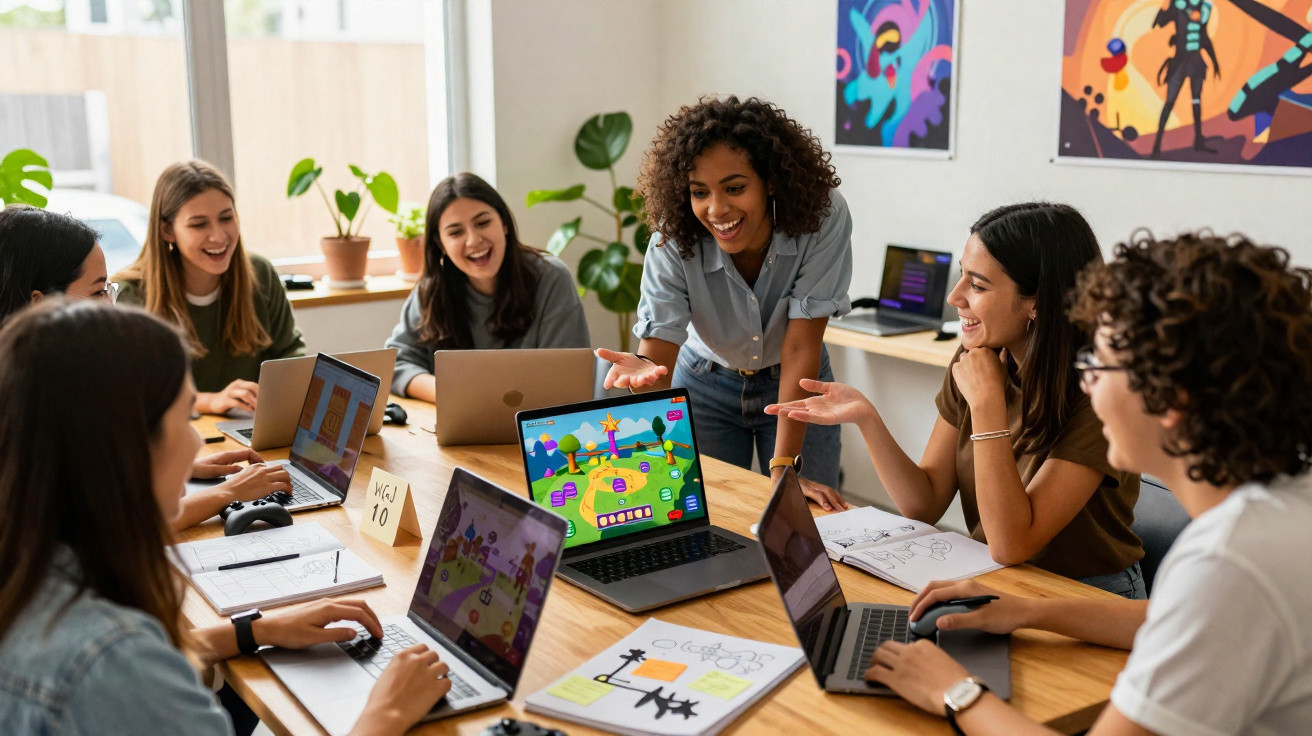 Junge Frauen arbeiten gemeinsam an Laptops an einem Tisch in einem kreativen, bunten Büro.