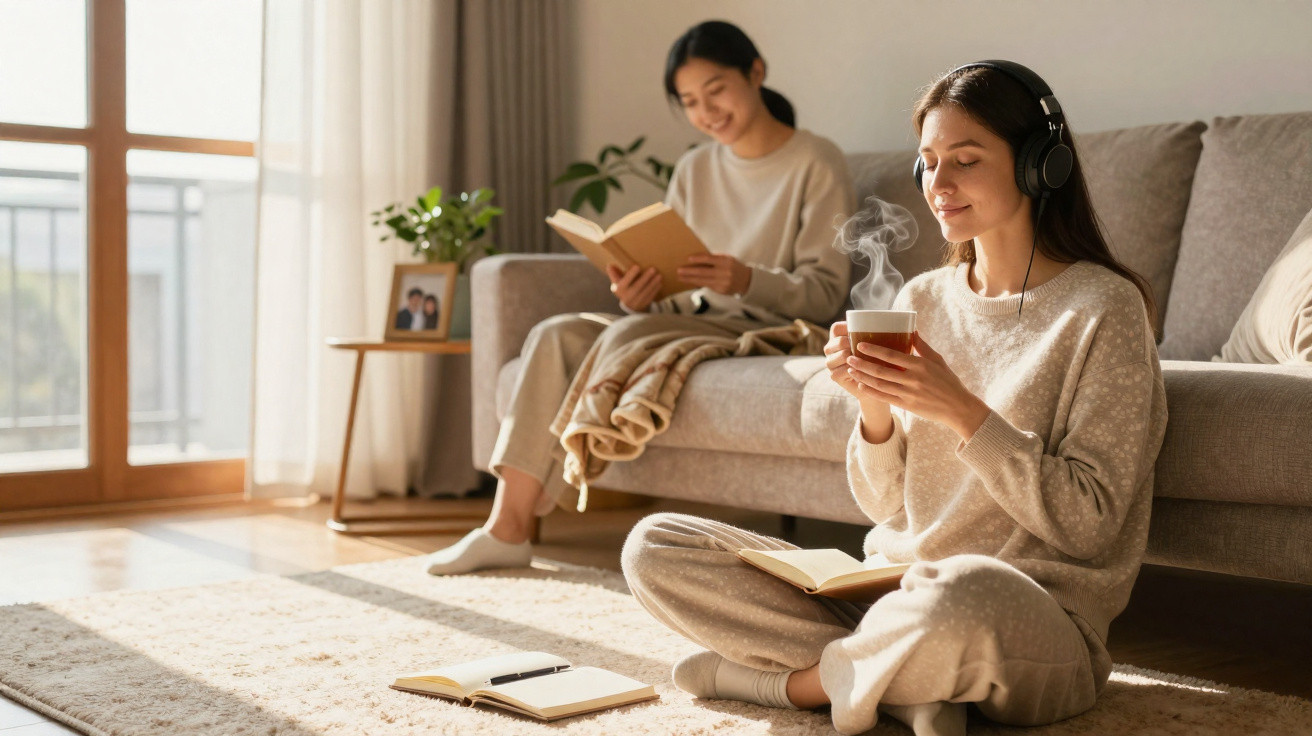 Zwei Frauen entspannen zuhause, eine liest ein Buch auf dem Sofa, die andere sitzt mit Kaffee und Kopfhörern auf dem Boden.