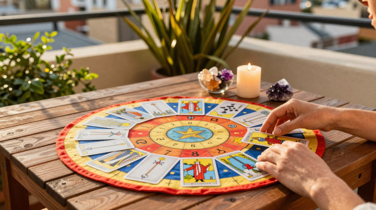Person legt Tarotkarten auf buntem Rundtuch auf Holztisch mit brennender Kerze und Mineralienstein.