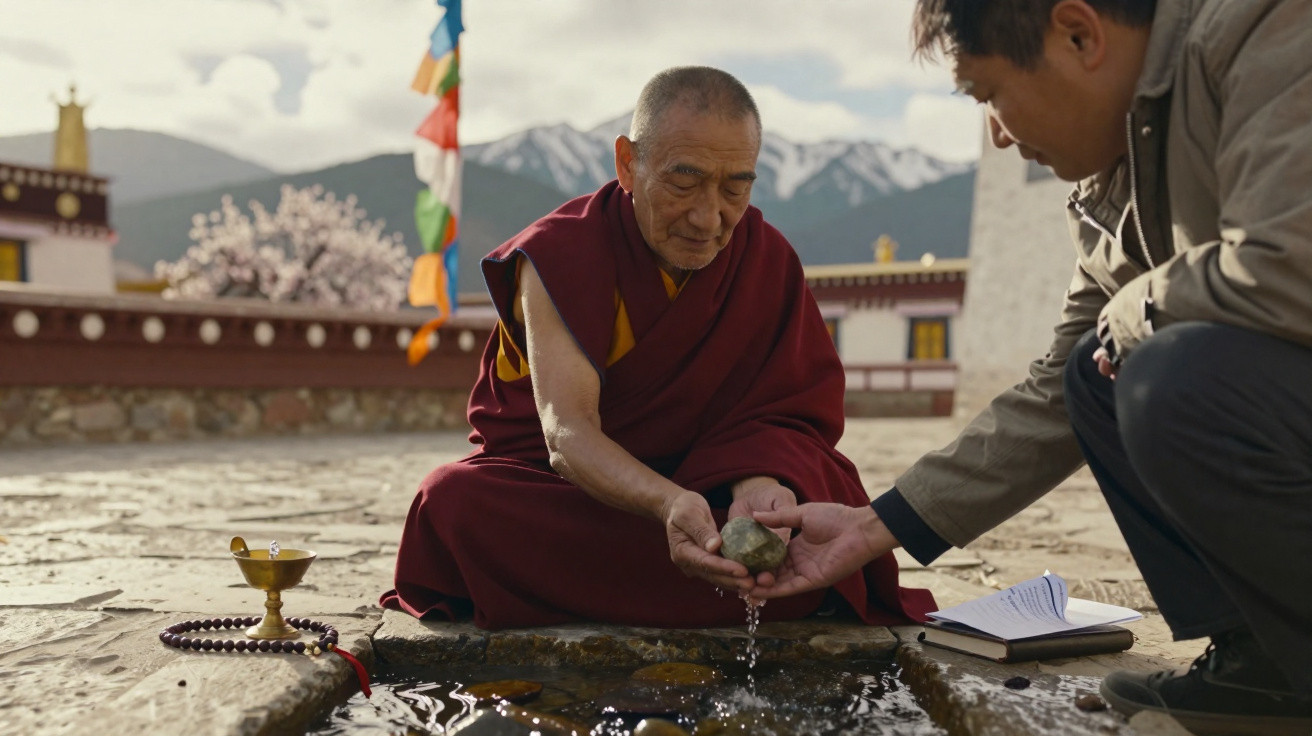 Ein buddhistischer Mönch und ein Mann waschen Hände an einer Wasserstelle in tibetischer Umgebung.