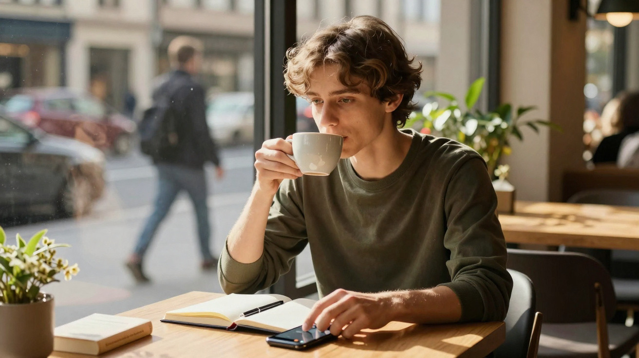 Junger Mann sitzt im Café, trinkt aus Tasse, hat Smartphone und Notizbuch auf dem Tisch.