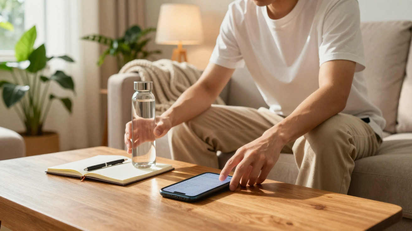 Mann sitzt auf Sofa, hält Glas Wasser und benutzt Smartphone, Notizbuch und Stift liegen auf Holztisch.