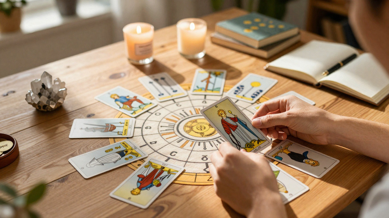 Person legt Tarotkarten auf einem Holztisch mit Kerzen, Buch und Edelstein zur Wahrsagung aus.