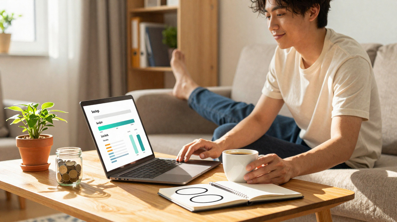 Junger Mann sitzt entspannt auf Sofa, arbeitet am Laptop und trinkt Kaffee am Wohnzimmer-Tisch.