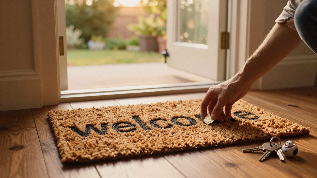 Hand legt Münze auf braune Fußmatte mit Schriftzug "welcome" neben Türschlüssel auf Holzboden.