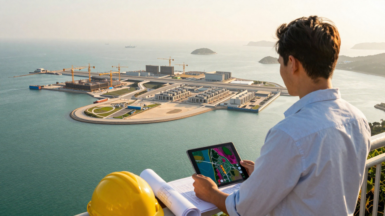 Ingenieur mit Tablet und Plan vor Baustelle auf Wasserinsel an der Küste bei Sonnenuntergang