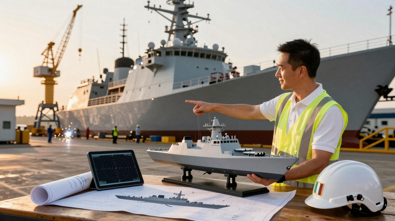 Mann mit Warnweste zeigt auf ein großes Kriegsschiff im Hafen, neben ihm Schiffsmodell und Pläne auf dem Tisch.