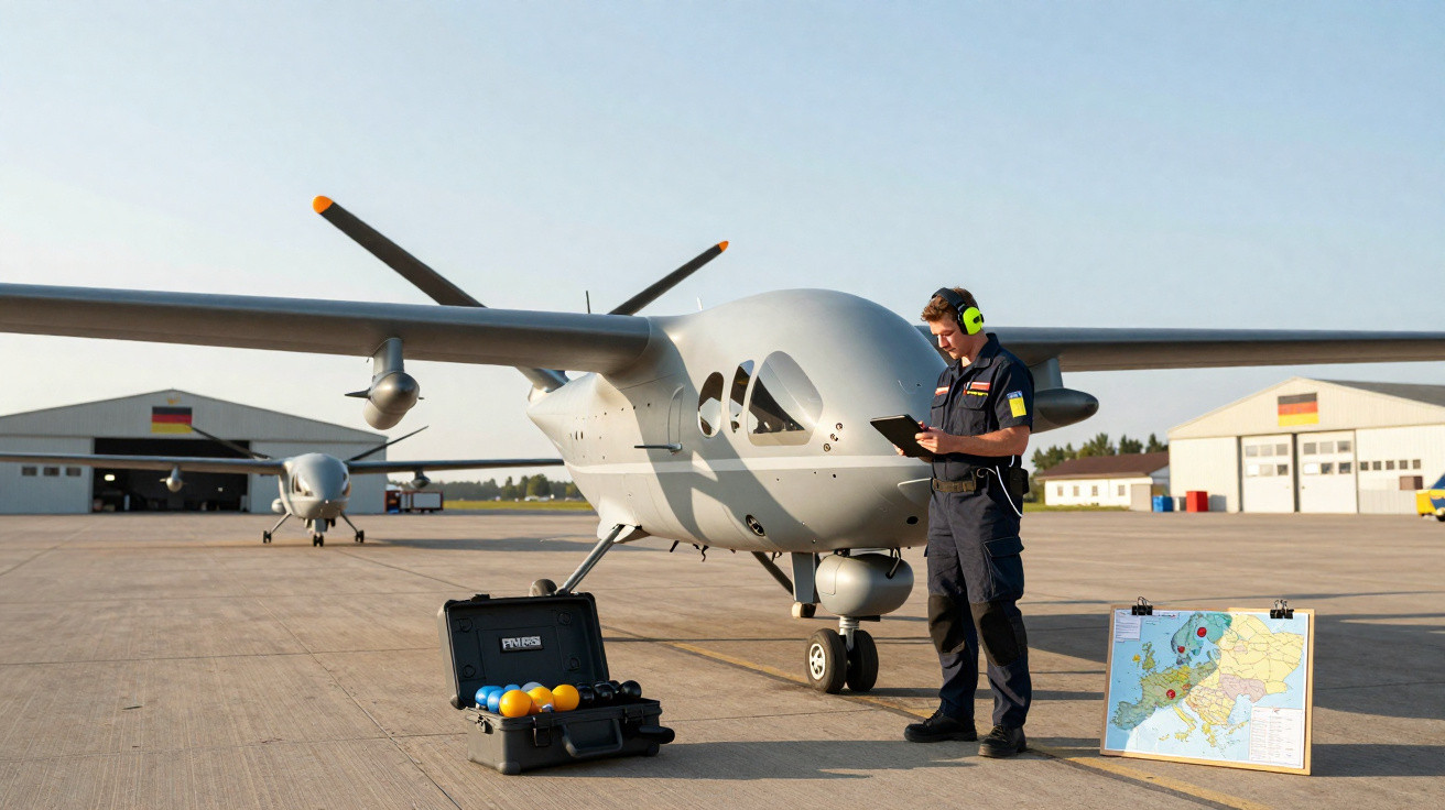 Techniker mit Gehörschutz inspiziert unbemanntes Flugzeug auf Flugfeld vor Hangars mit Deutschlandflaggen.