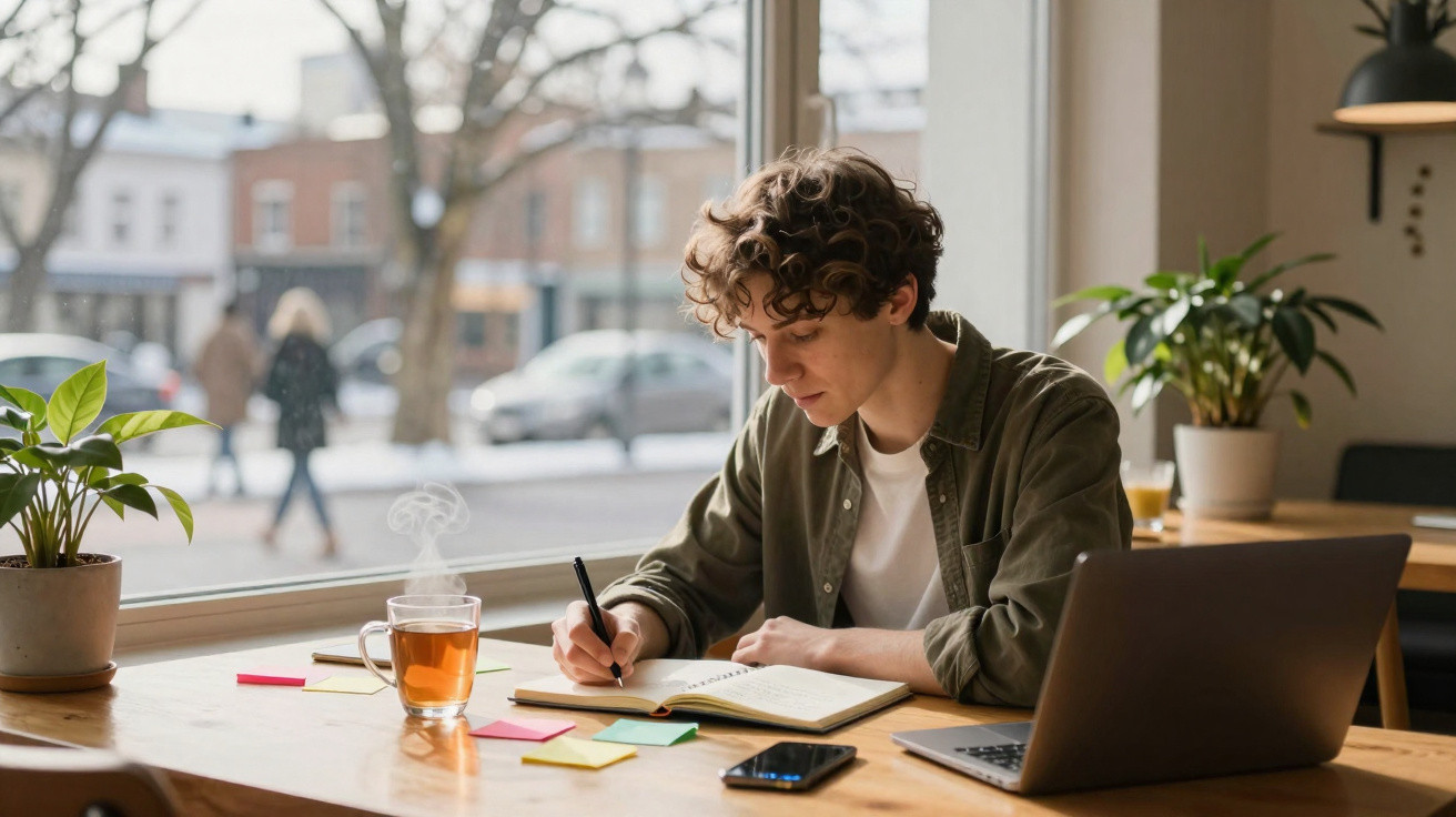 Junger Mann schreibt Notizen in einem Café, mit Laptop, Smartphone, Tee und Pflanzen am Fenster.