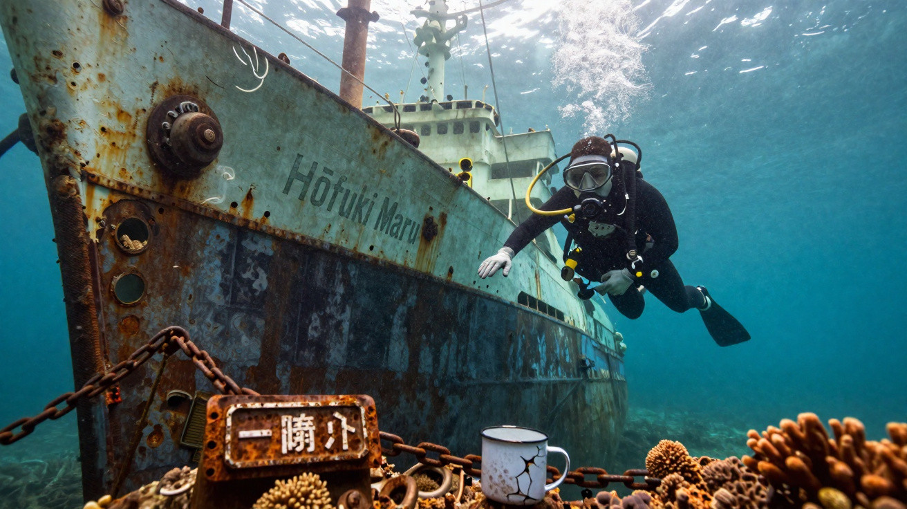 Taucher erkundet Wrack des rostigen Schiffes Höfuki Maru unter Wasser, Korallen im Vordergrund sichtbar.