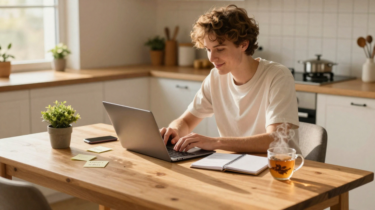 Junger Mann arbeitet entspannt mit Laptop und Notizbuch am Holztisch in heller, moderner Küche.