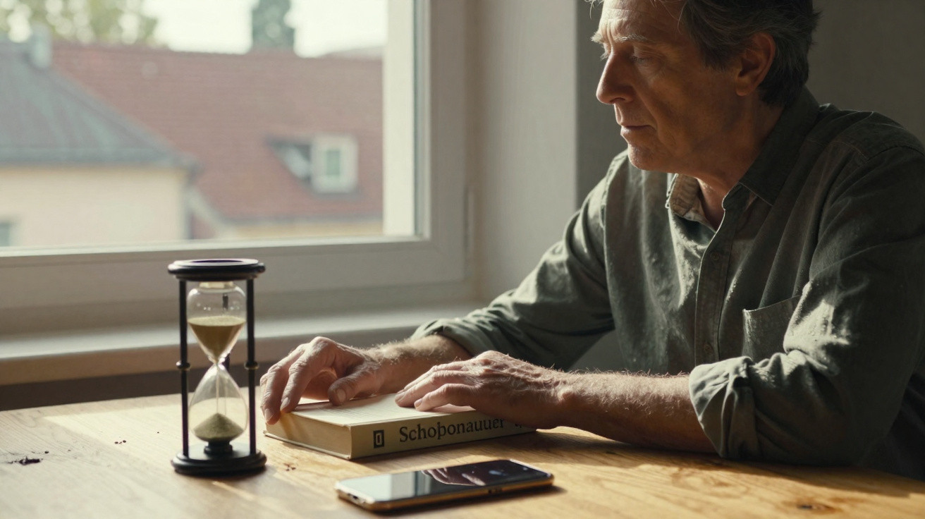 Älterer Mann sitzt nachdenklich am Tisch mit Buch und Sanduhr vor einem Fenster an einem hellen Tag.