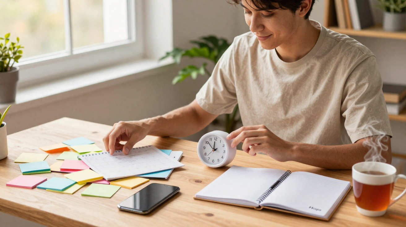 Junger Mann am Schreibtisch mit Notizbuch, Kalender, Uhr, Smartphone und dampfender Teetasse beim Planen.
