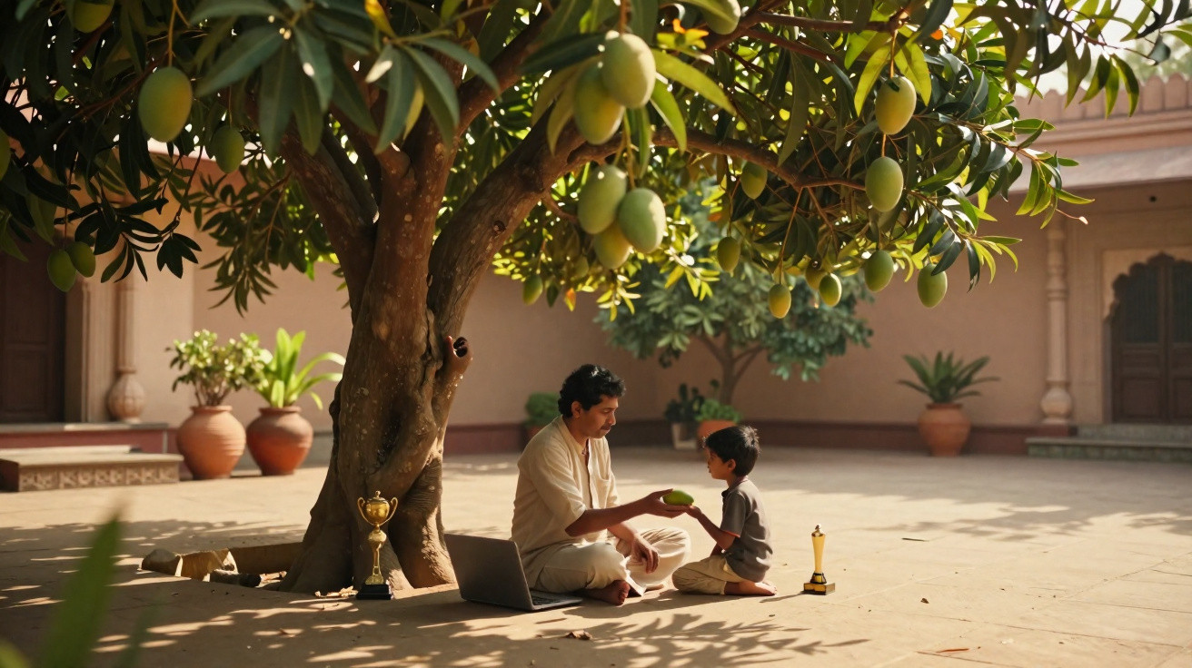 Vater und Sohn sitzen unter einem Mangobaum, tauschen Mango, neben ihnen Laptop und Pokale.