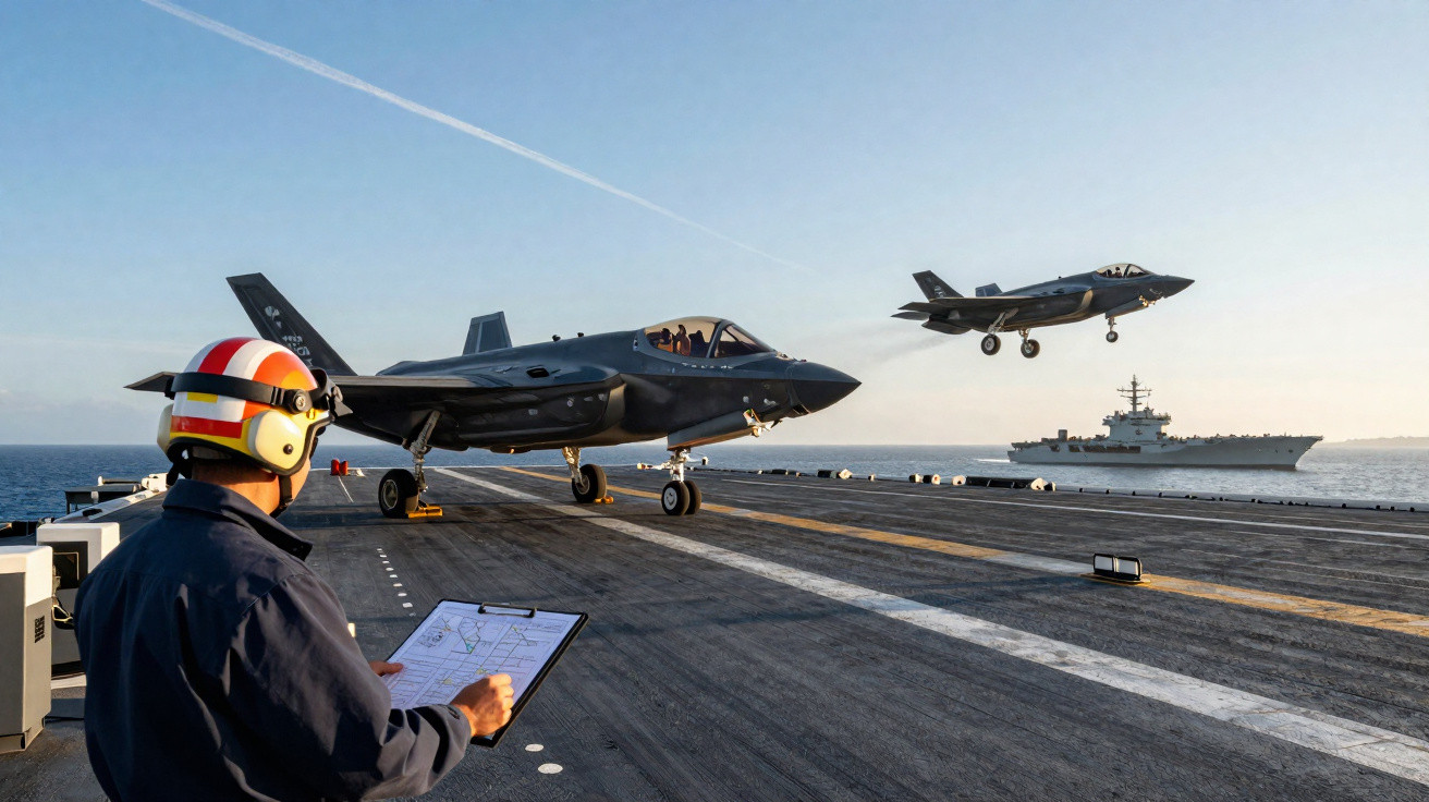 Marineoffizier überwacht Start eines F-35-Kampfjets auf Flugzeugträger bei klarem Himmel und ruhiger See.