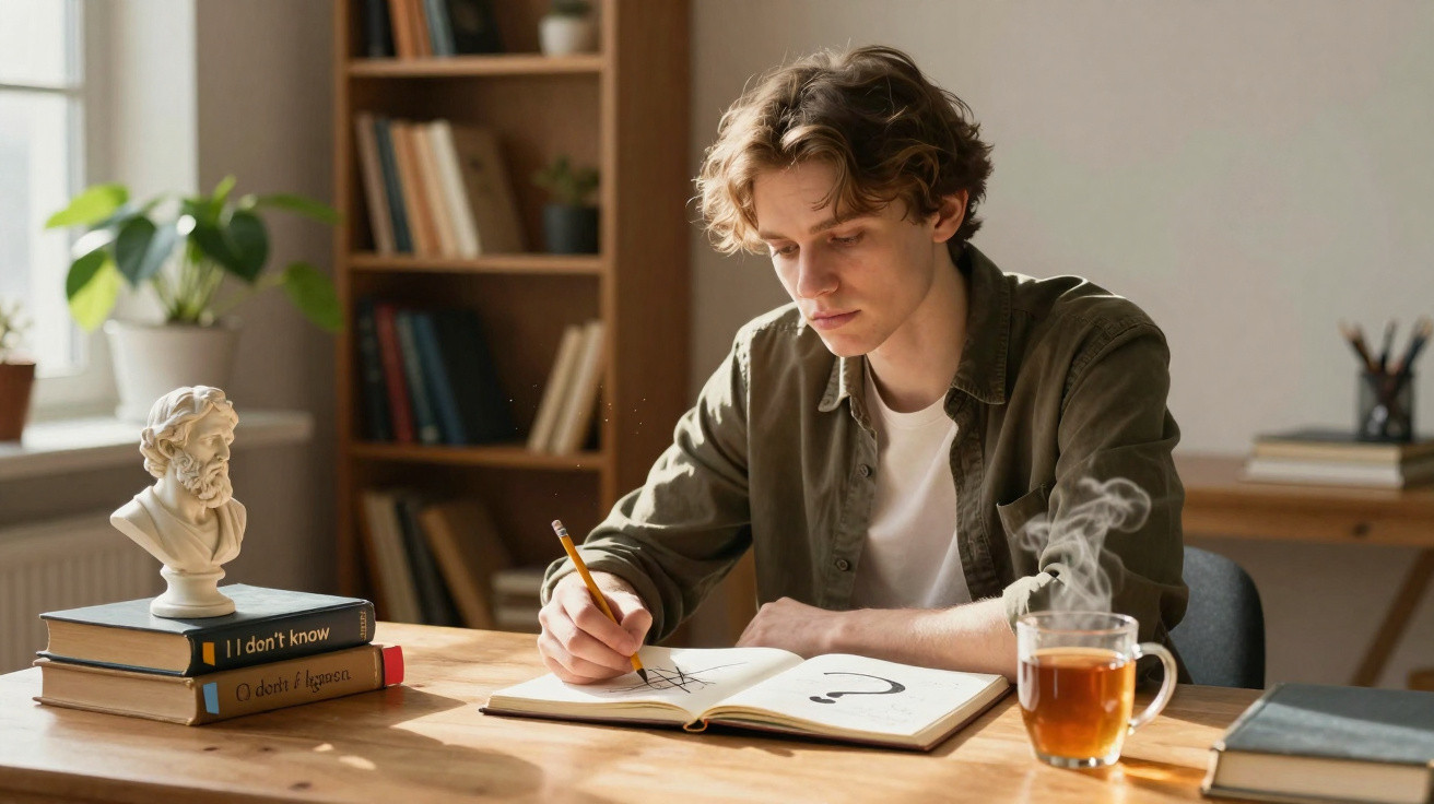Junger Mann sitzt am Tisch und zeichnet im Notizbuch neben dampfender Teetasse und Büchern.