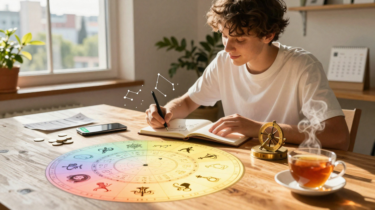 Junger Mann zeichnet Sternzeichen, umgeben von Horoskop-Symbolen, Smartphone und dampfender Tasse Tee.