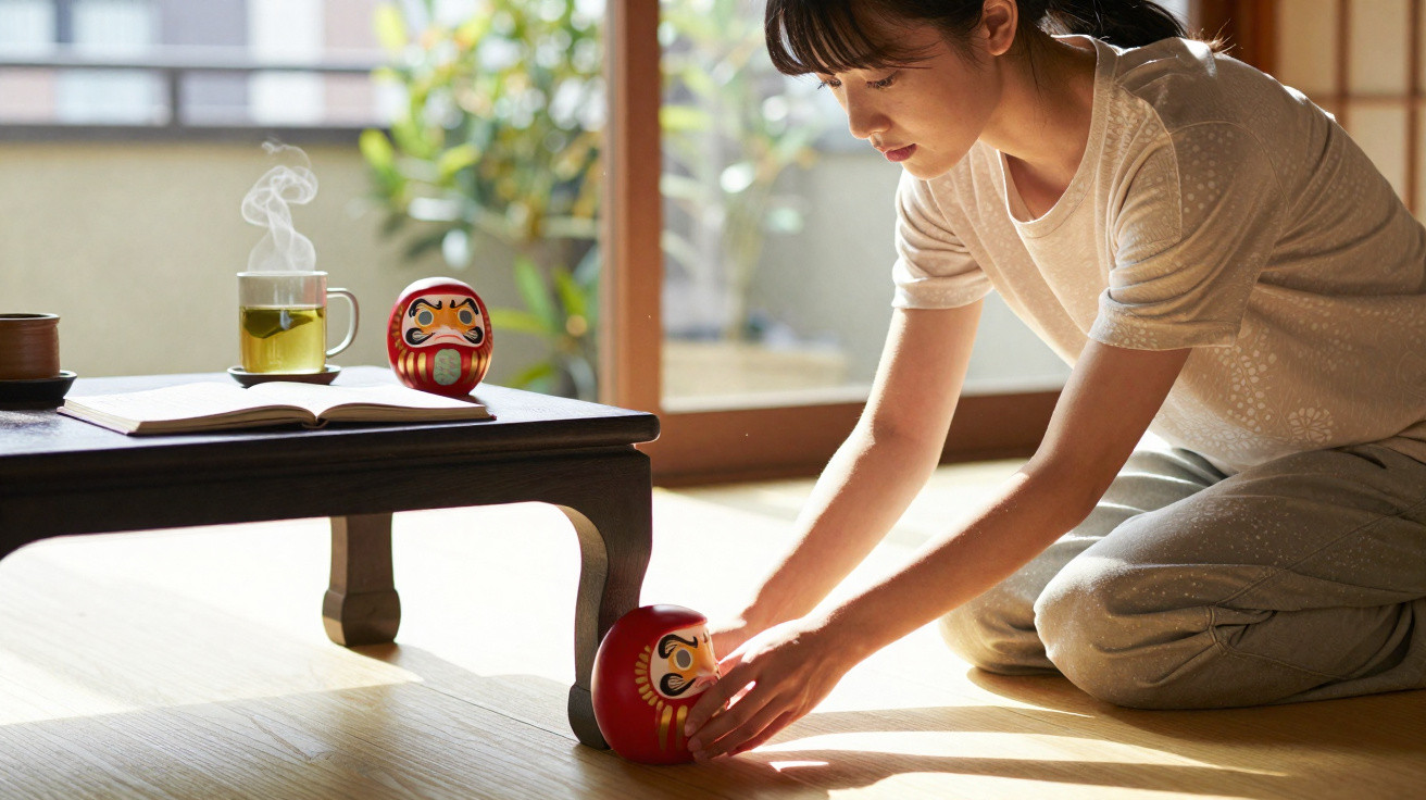 Frau kniet auf Holzboden und richtet zwei rote Daruma-Figuren in hellem Raum mit Tee auf Tisch aus.