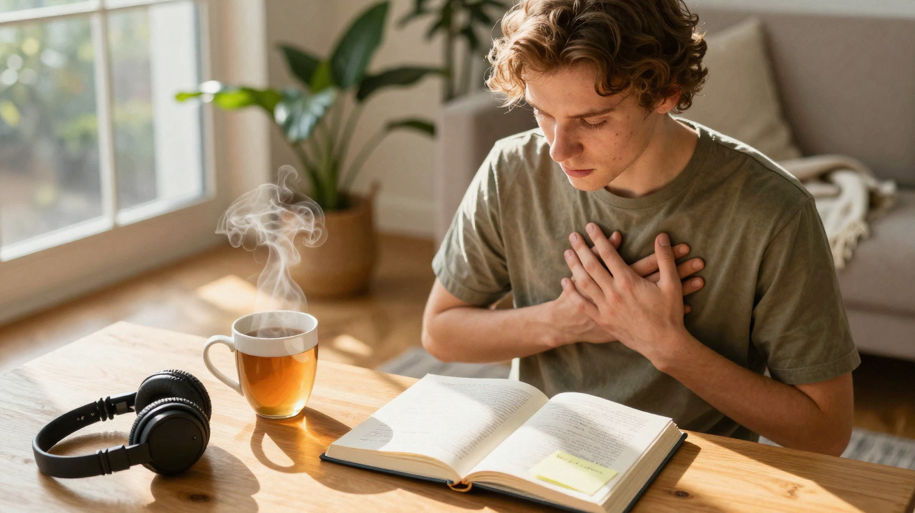 Junger Mann hält sich die Hände an die Brust beim Lesen eines Buches, dampfende Tasse und Kopfhörer auf dem Tisch.