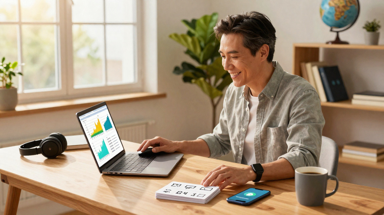 Mann arbeitet lächelnd mit Laptop und Smartphone am Holztisch in hellem, modernem Home-Office.