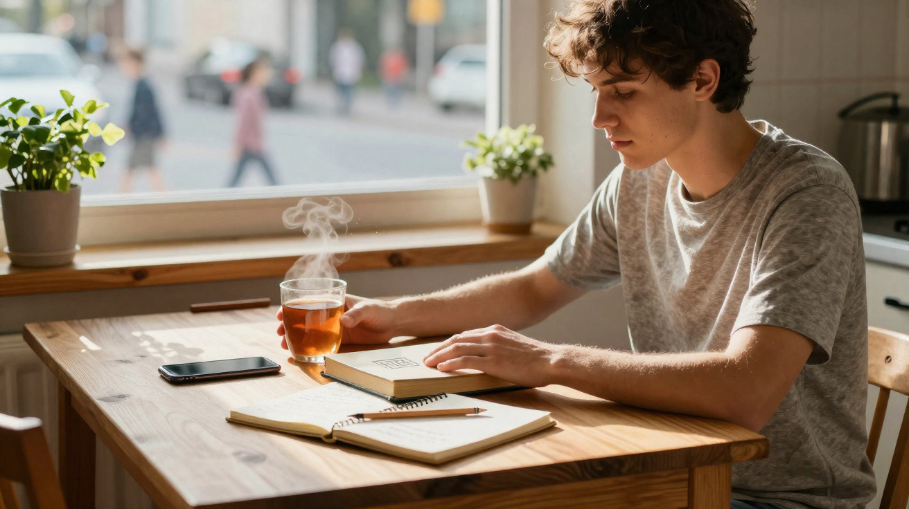 Junger Mann sitzt am Holztisch, liest Buch und hält dampfende Tasse Tee, Smartphone liegt daneben.
