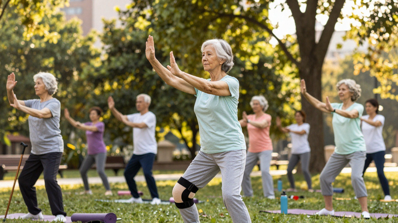 Seniorinnen und Senioren praktizieren Tai Chi in einem Park an einem sonnigen Tag.