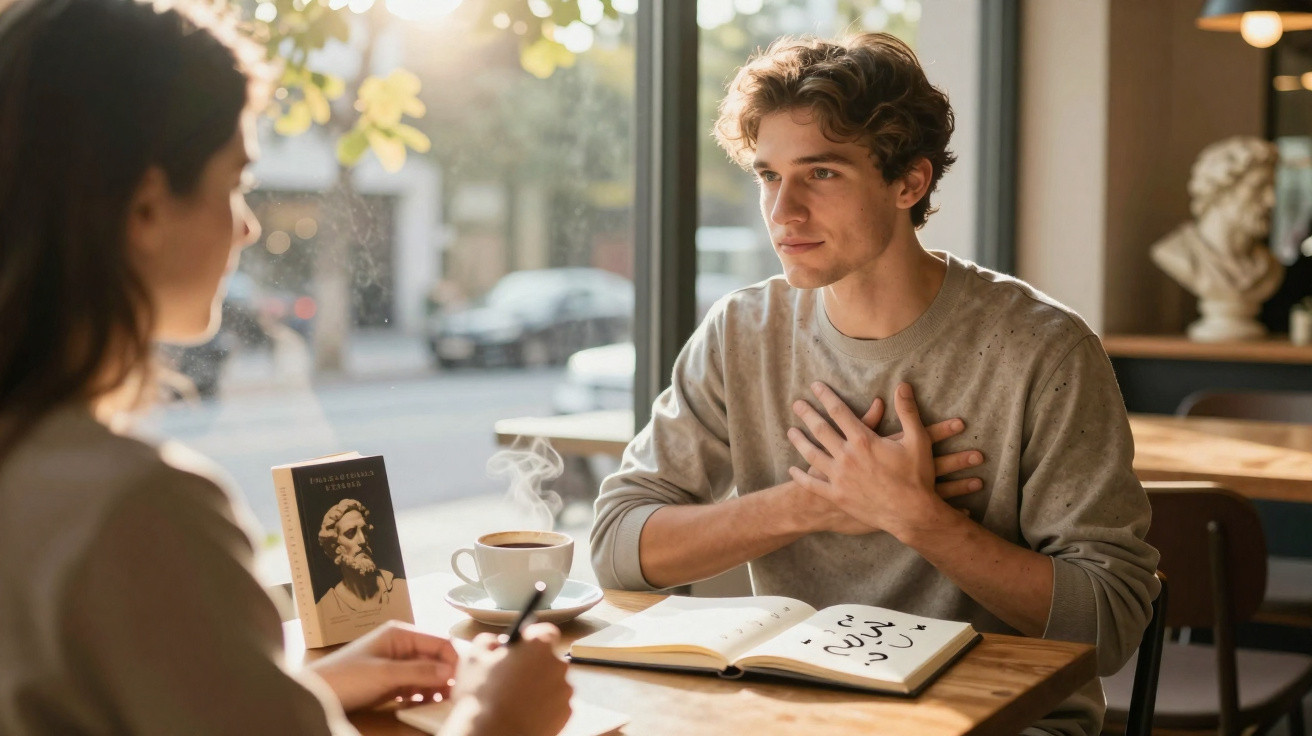 Junger Mann spricht in Café mit einer Person, legt Hände auf Brust, offenes Notizbuch mit Fragezeichen liegt auf dem Tisch.