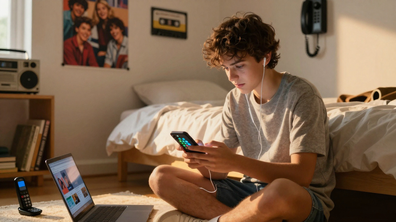 Jugendlicher sitzt im Zimmer auf dem Boden, trägt Ohrhörer und nutzt Smartphone vor offenem Laptop.