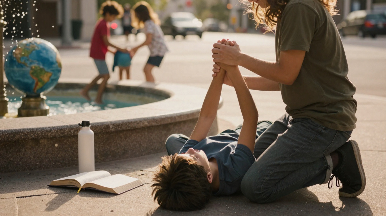 Ein Erwachsener hilft einem Kind auf dem Boden, während im Hintergrund Kinder am Brunnen spielen.