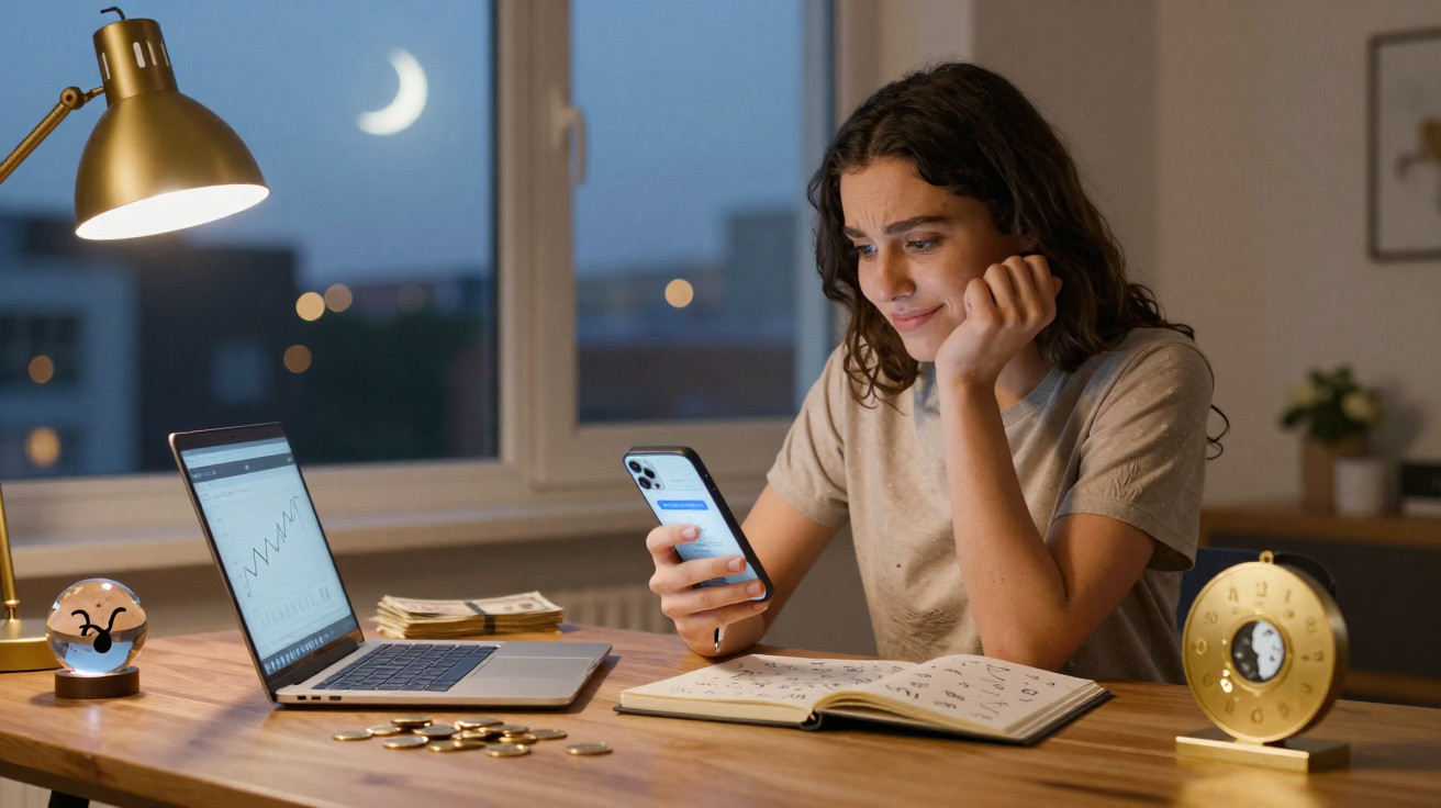 Frau arbeitet nachts am Schreibtisch mit Laptop, Smartphone und Notizbuch, Mond durch Fenster sichtbar.