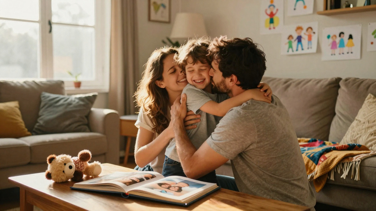 Glückliche Familie umarmt sich im Wohnzimmer, Kinderzeichnung an der Wand, Kuscheltier auf dem Tisch.