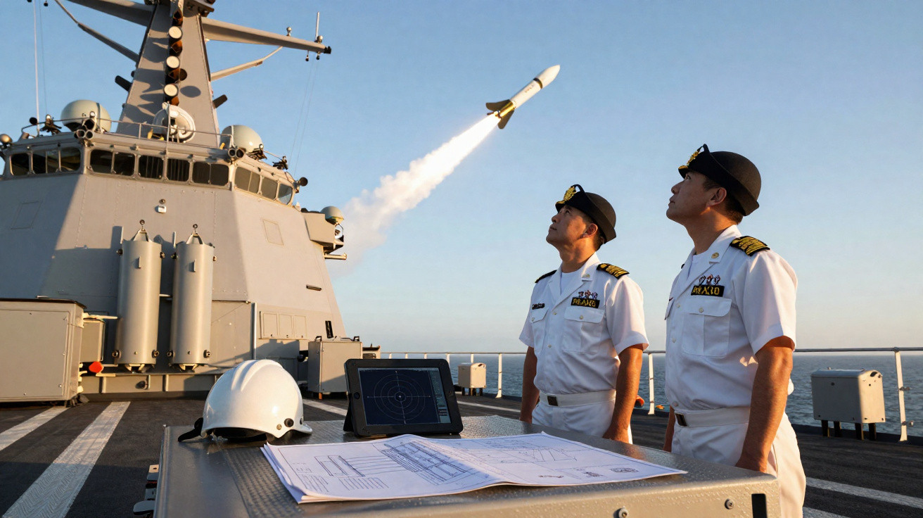 Zwei Marineoffiziere in Uniform beobachten den Start einer Rakete von einem Kriegsschiff bei klarem Himmel.