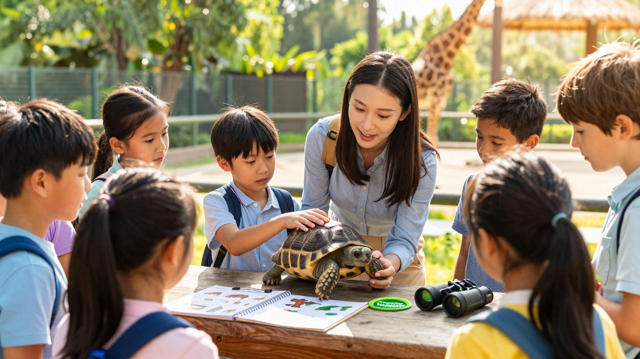 Lehrerin zeigt Kindern auf einem Tisch eine Schildkröte im Freien bei einer Bildungsexkursion.