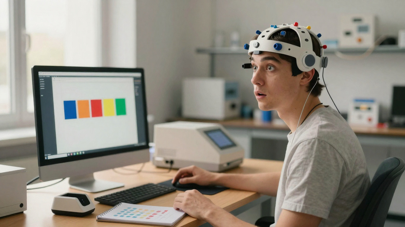 Junger Mann mit EEG-Haube arbeitet am Computer in modernem Labor oder Büro.