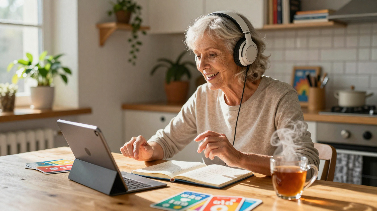 Ältere Frau mit Kopfhörern liest und arbeitet an Tablet in heller Küche mit dampfendem Tee.