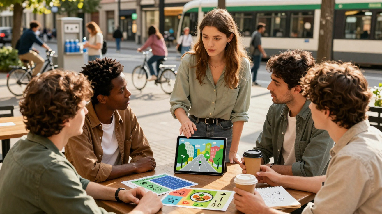 Fünf junge Erwachsene diskutieren draußen bei einem Tisch, Tablet mit Grafik und Getränken im Café.