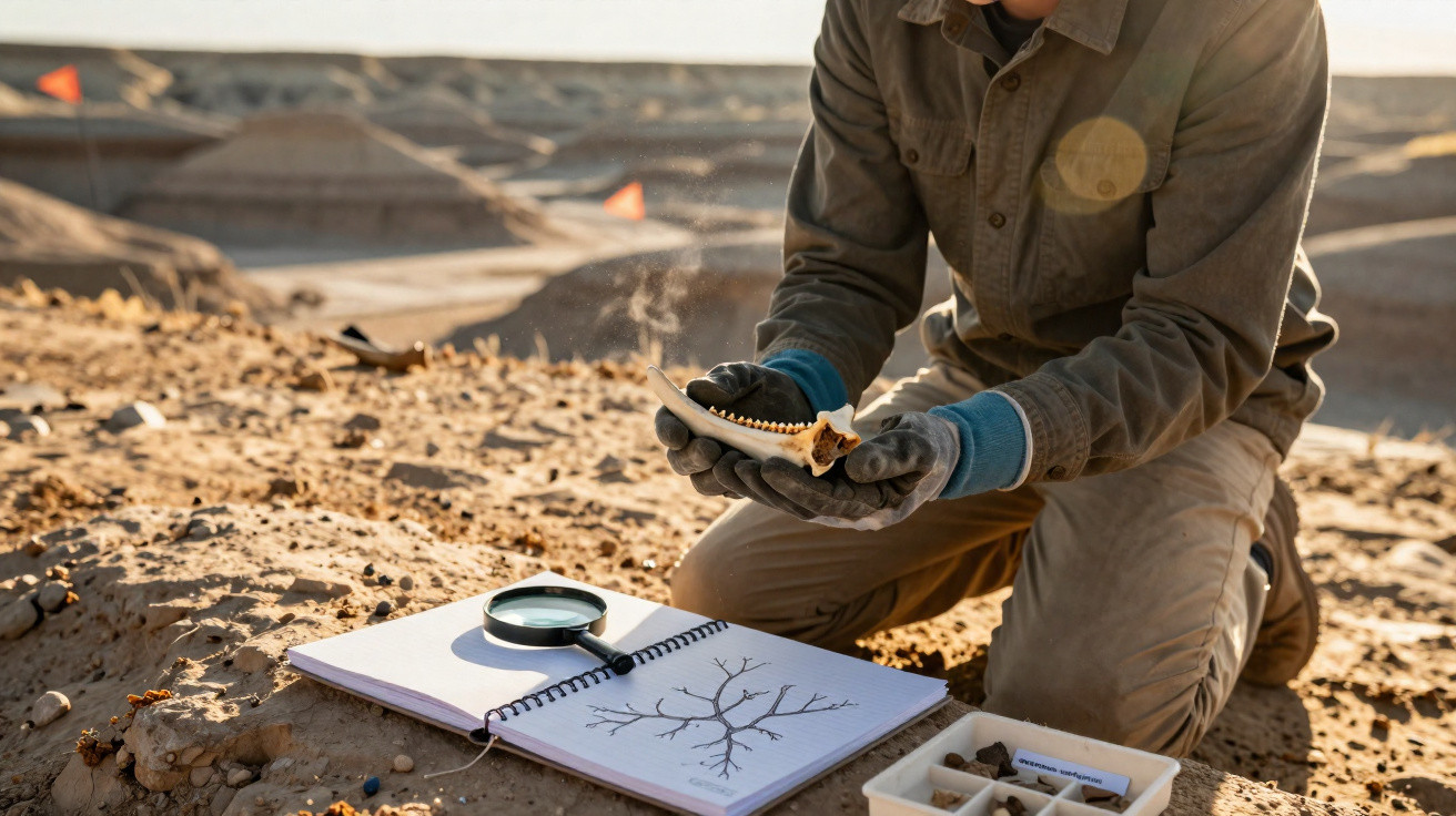 Archäologe untersucht Kieferknochen im Ausgrabungsgebiet mit Skizzenbuch und Lupe im Sand.