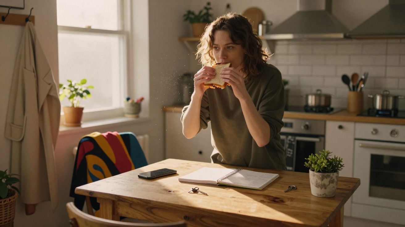 Frau isst Sandwich am Holz­tisch in Küche mit offenem Notizbuch und Smartphone.
