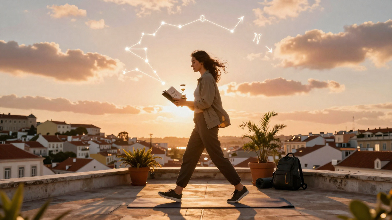 Frau auf Dachterrasse bei Sonnenuntergang liest Buch, über ihr leuchtende Konstellationen am Himmel.