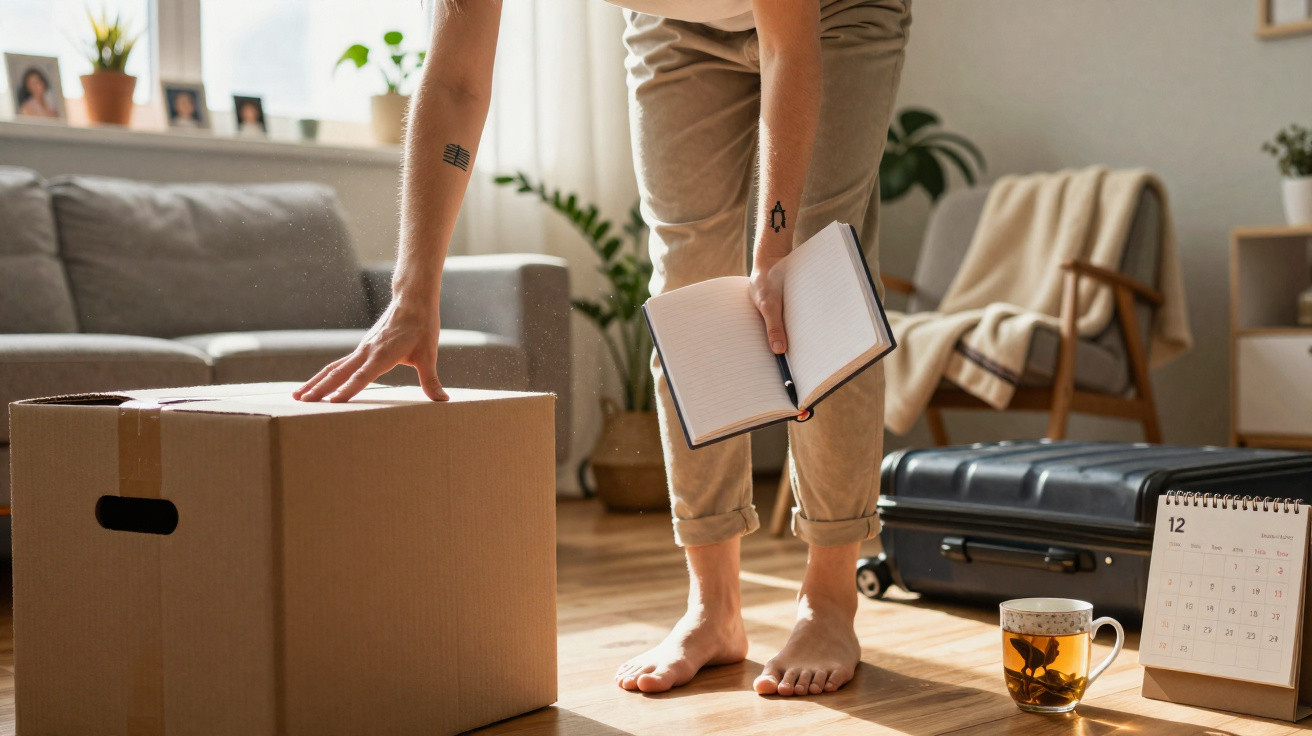 Person steht barfuß neben Karton, hält Notizbuch in modern eingerichteter Wohnung mit Koffer und Tee.