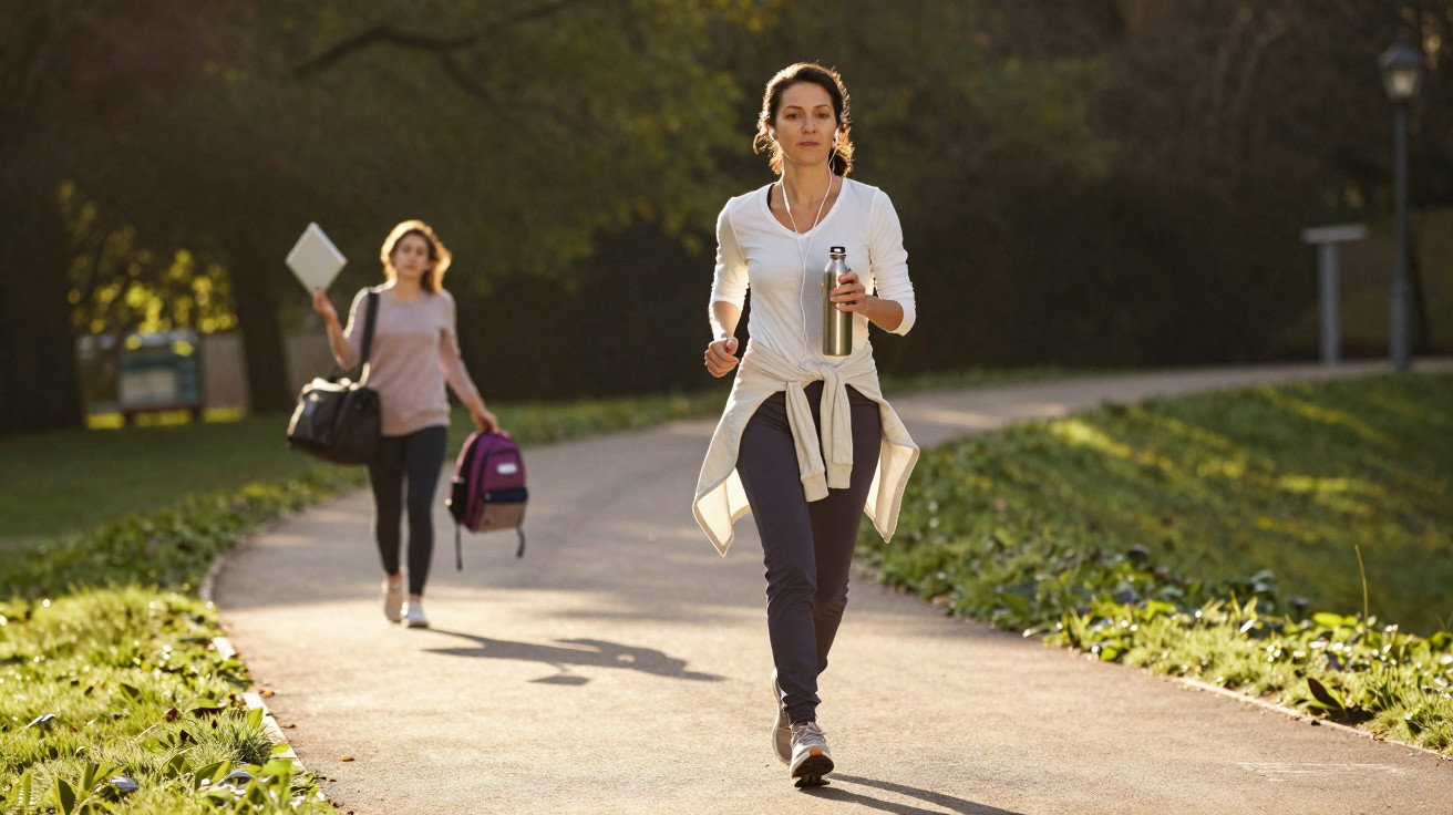 Frau joggt mit Wasserflasche auf einem Parkweg, zweite Frau mit Rucksack und Mappe folgt im Hintergrund.