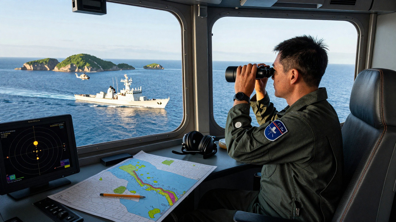 Soldat auf Schiff beobachtet mit Fernglas Marineschiff und Inseln durch Fenster, Seekarte und Radar am Arbeitsplatz