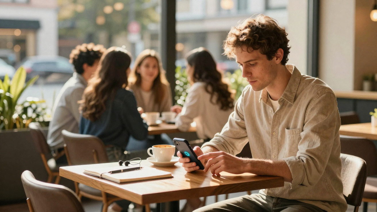 Junger Mann nutzt Smartphone im Café, im Hintergrund unterhalten sich drei weitere Personen am Tisch.
