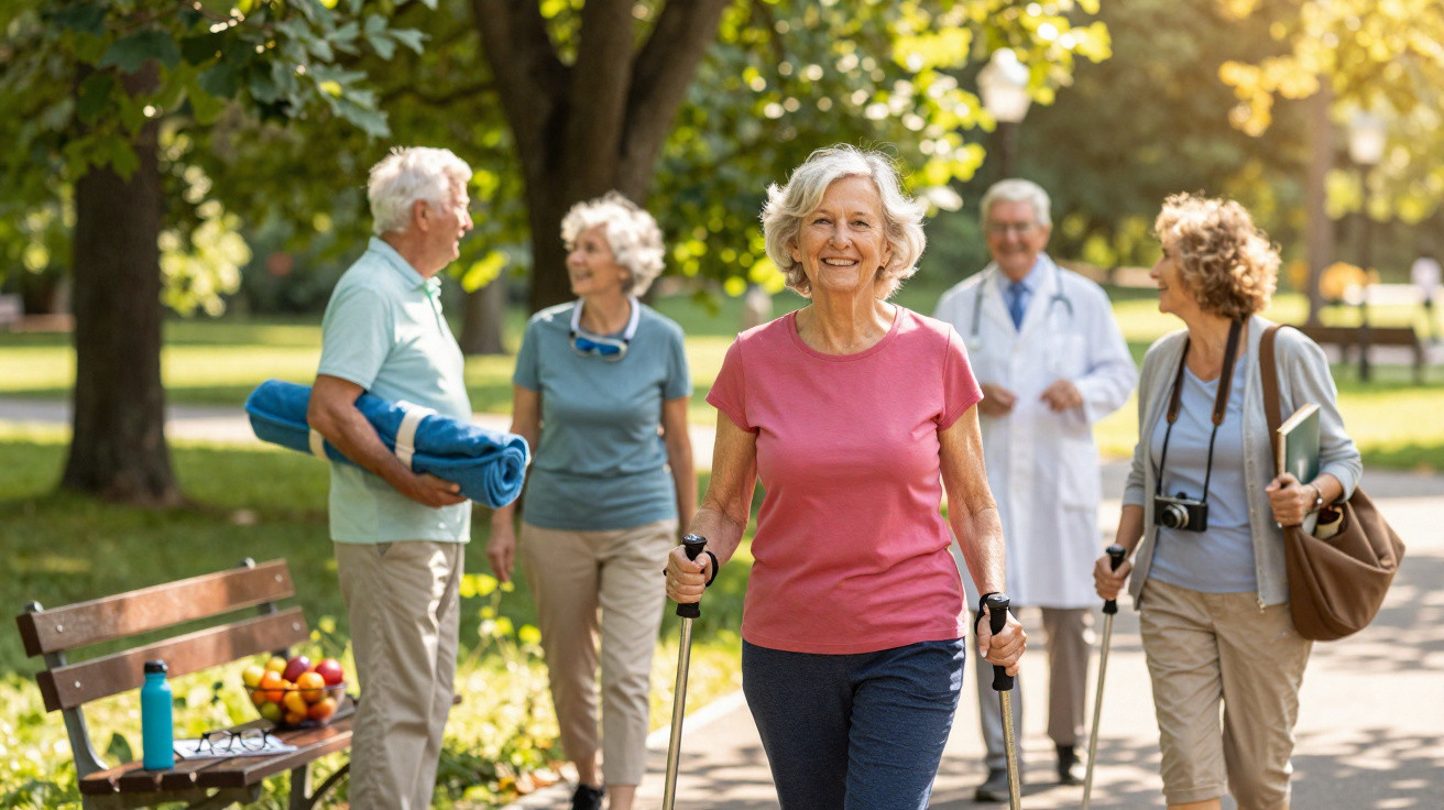 Seniorin macht Nordic Walking im Park, im Hintergrund sprechen weitere Senioren entspannt miteinander.