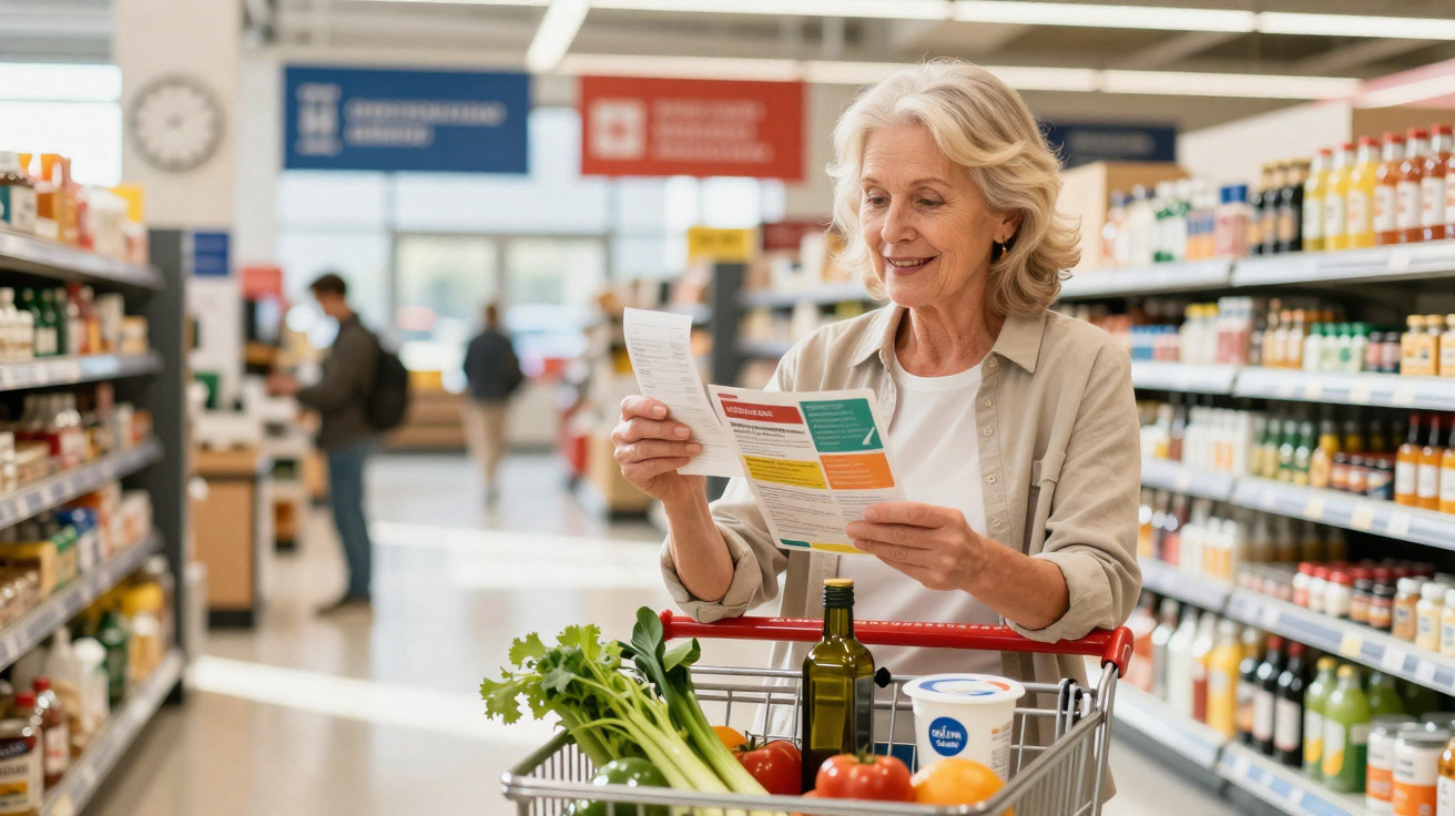 Ältere Frau liest Einkaufszettel im Supermarkt, Einkaufswagen mit frischem Gemüse und Joghurt gefüllt.
