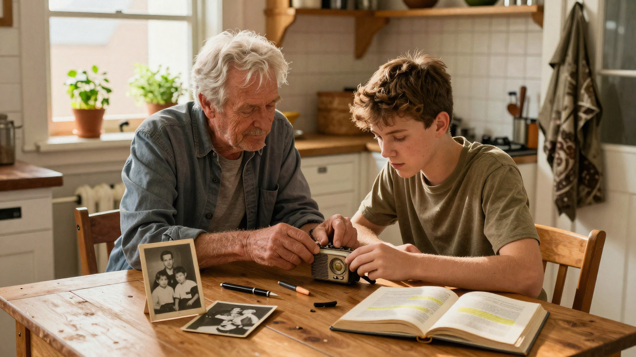 Älterer Mann und Junge reparieren gemeinsam eine alte Kamera am Esstisch, umgeben von Fotos und Buch.