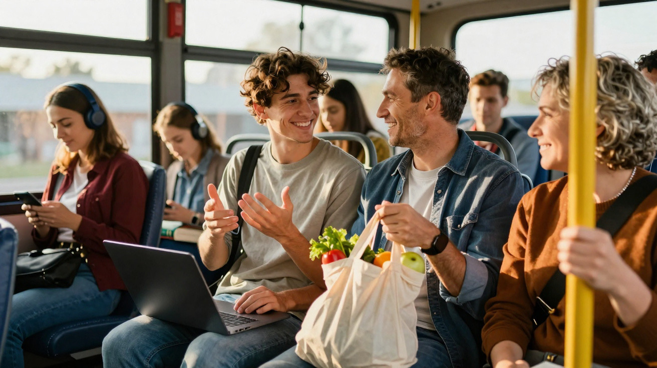 Mehrere Menschen sitzen freundlich im Bus, zwei Männer im Vordergrund unterhalten sich lebhaft.