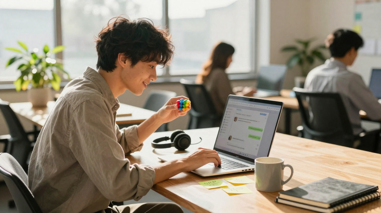 Junger Mann spielt mit Stressball und arbeitet am Laptop in hellem Büro mit Kollegen im Hintergrund.