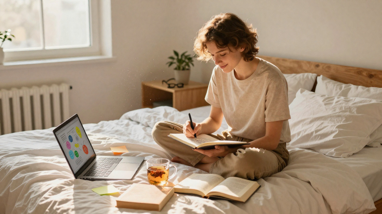Junge Person sitzt auf dem Bett, macht Notizen im Buch, mit Laptop, Tee und weiteren Büchern umgeben.