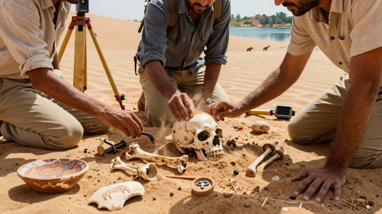 Drei Archäologen bergen menschliche Knochen und Artefakte in einer Wüstenlandschaft nahe einem See.